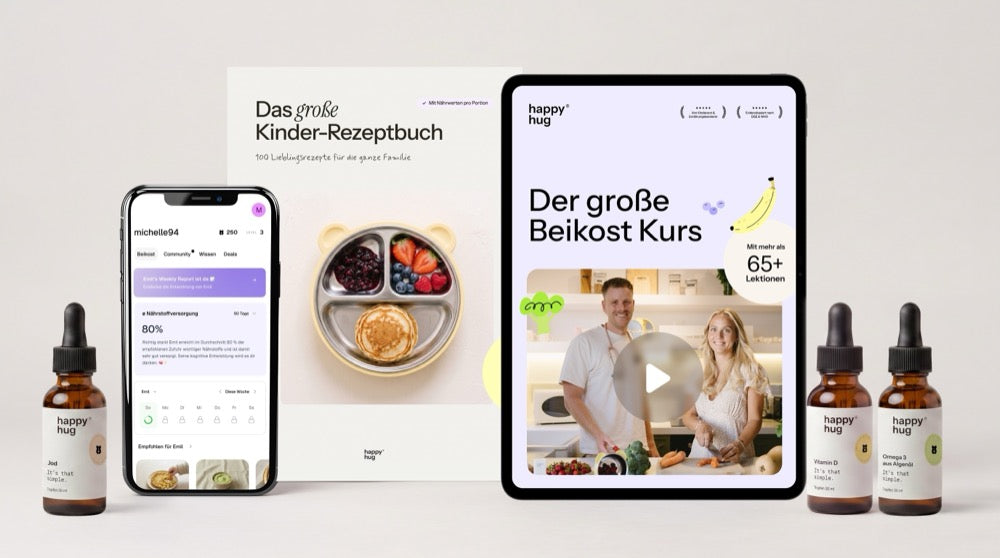 Jod Tropfen, happyhug App, Rezeptbuch, Beikostkurs auf dem Tablet, Vitamin D und Omega 3 Tropfen