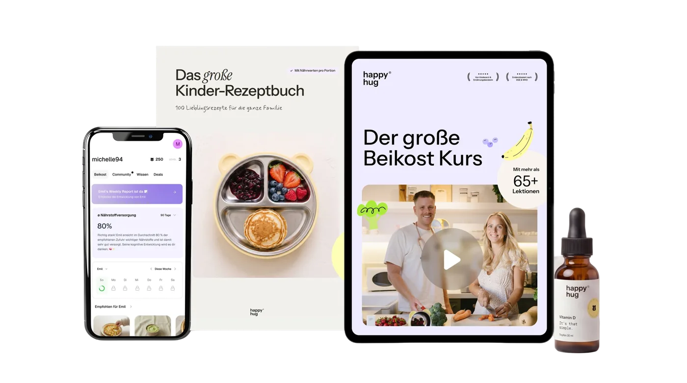 Kurs auf dem Tablet, Rezeptbuch, happyhug App und Vitamin D Tropfen