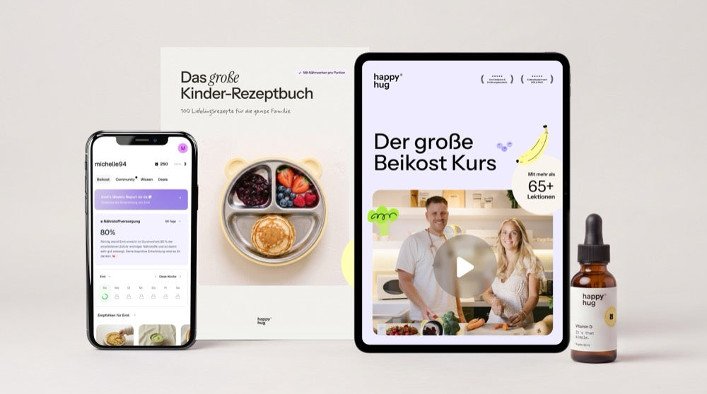Rezeptbuch, happyhug App, Beikostkurs auf dem Tablet und Vitamin D Tropfen